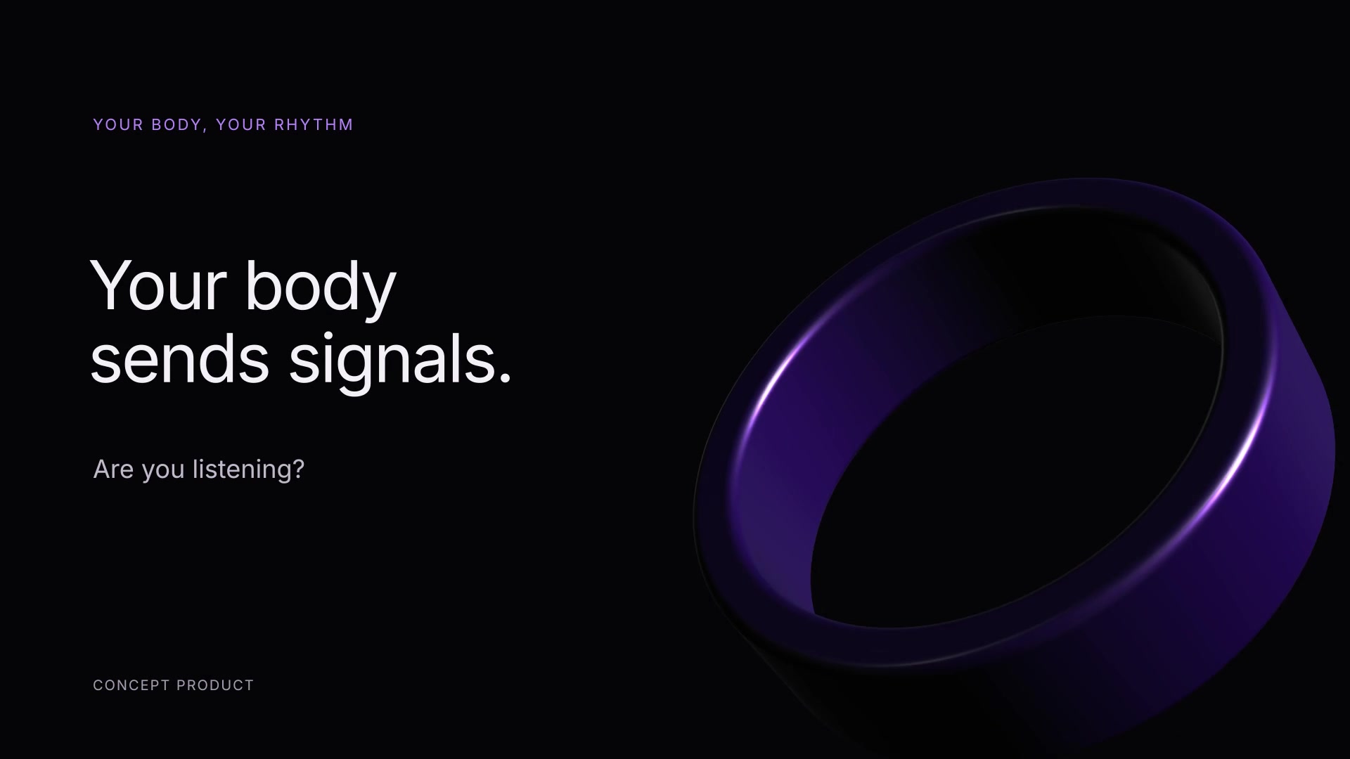 Anel inteligente roxo e texto em inglês no filme horizontal AuraSync